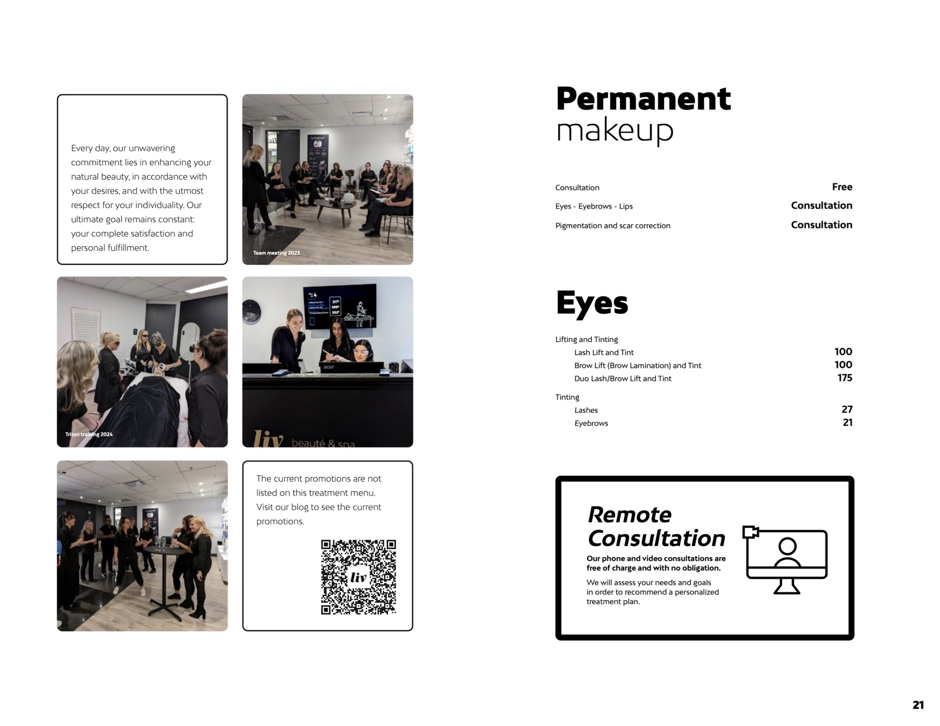 Permanent makeup and eye treatment prices at Liv Beauty & Spa