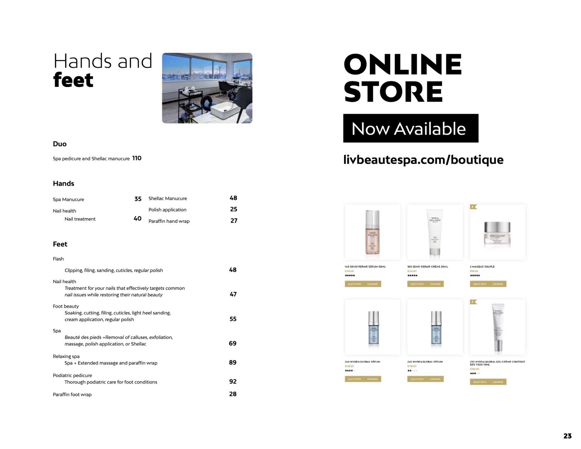 Hand and foot care prices at Liv Beauty & Spa