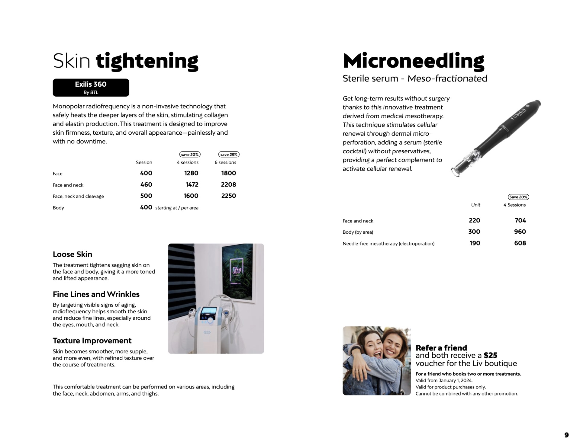 Skin tightening and microneedling prices at Liv Beauty & Spa