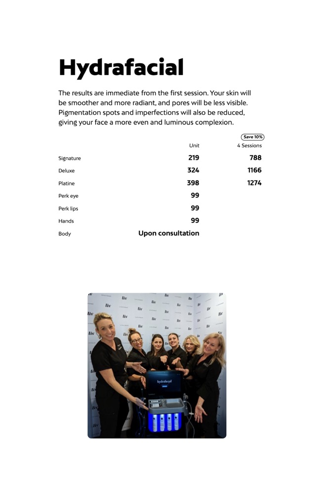 Hydrafacial prices at Liv Beauty & Spa
