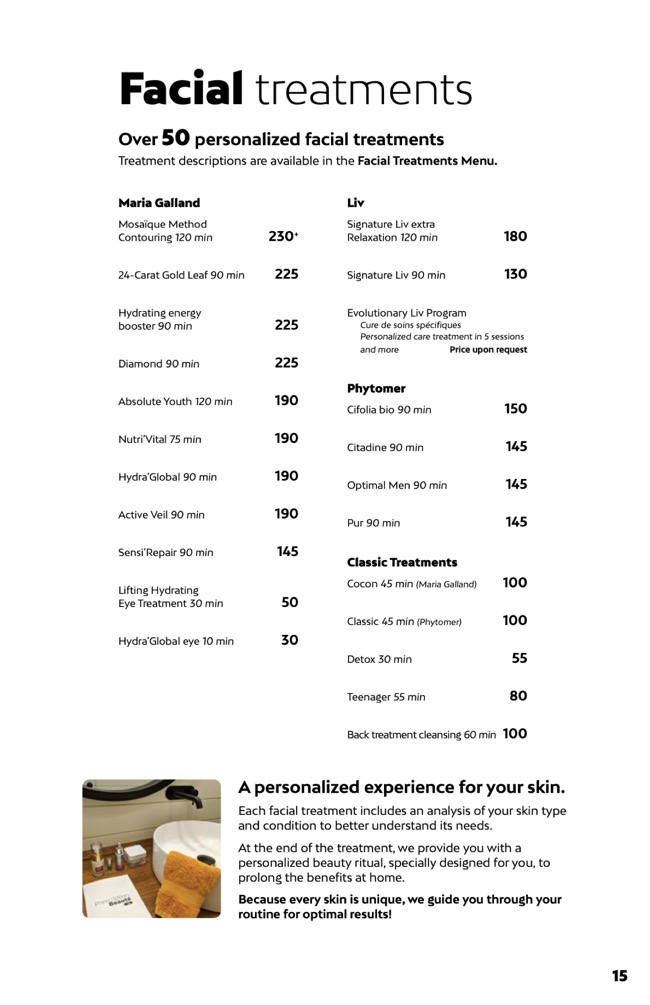 Facial treatment prices at Liv Beauty & Spa
