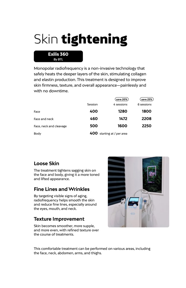 Skin tightening prices at Liv Beauty & Spa