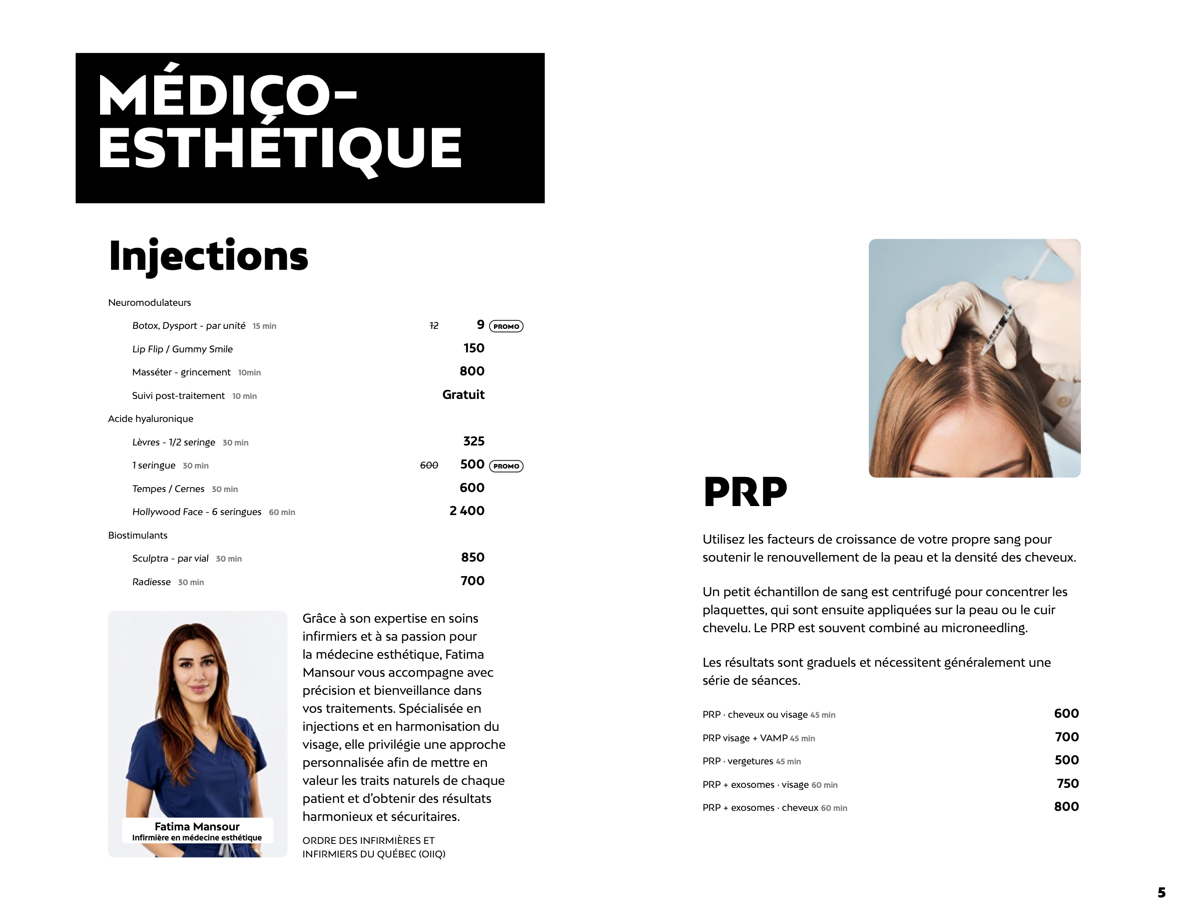 Prix des injections et du PRP chez Liv Beauté & Spa