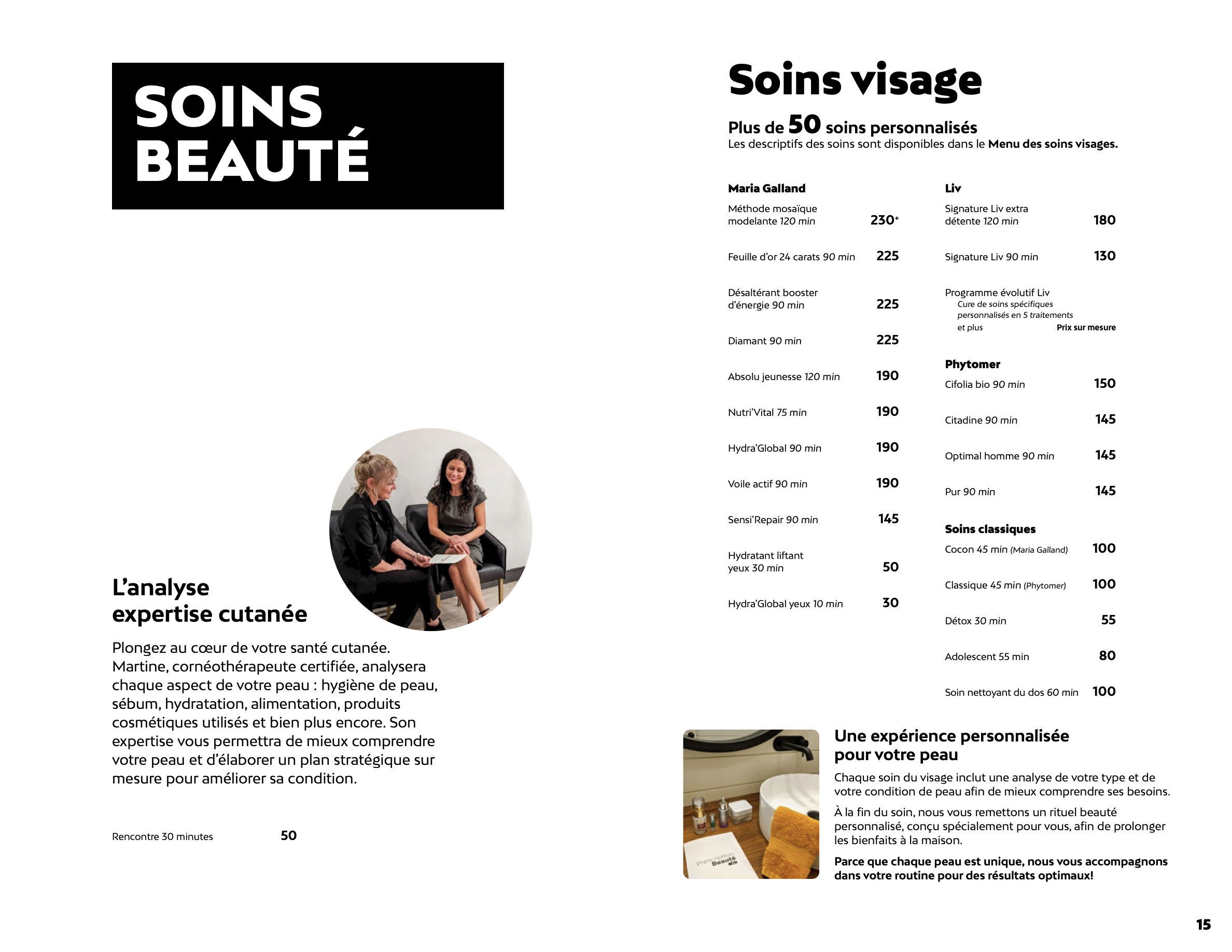 Prix des soins du visage chez Liv Beauté & Spa