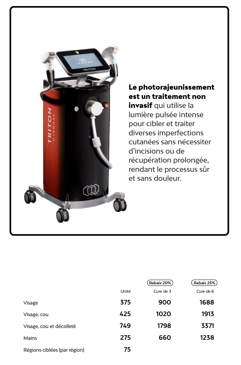 Prix photorajeunissement esthétique Liv Beauté & Spa
