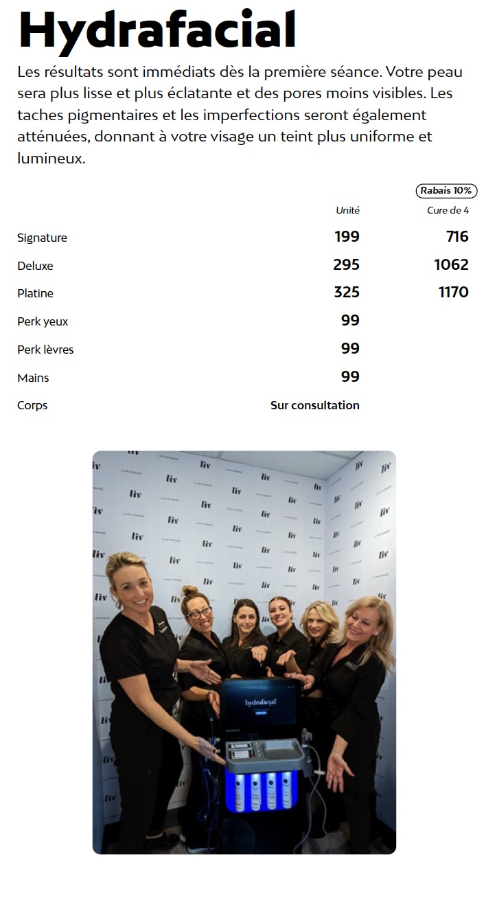 Prix hydrafacial Liv Beauté & Spa