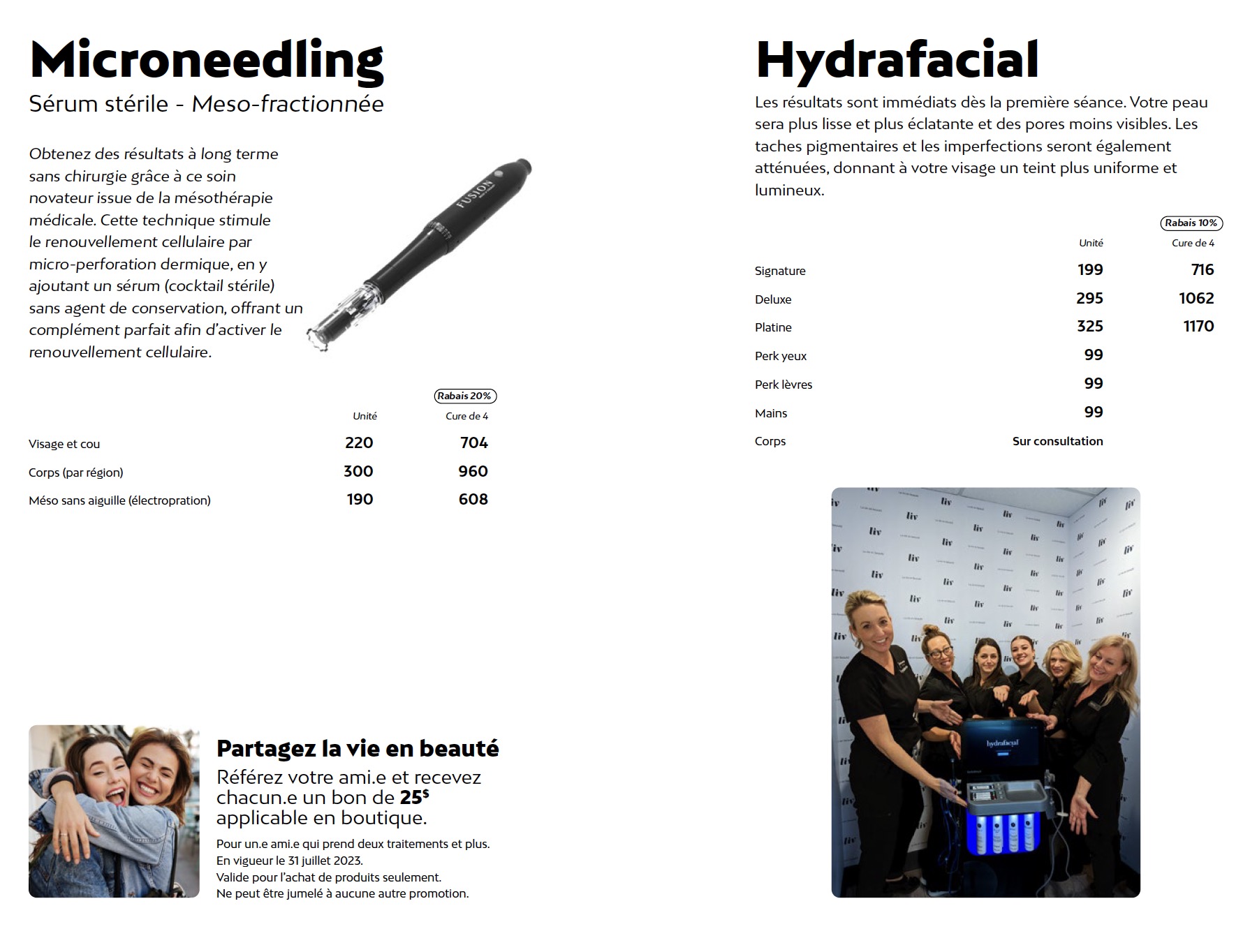 Prix mircroneedling et hydrafacial Liv Beauté & Spa