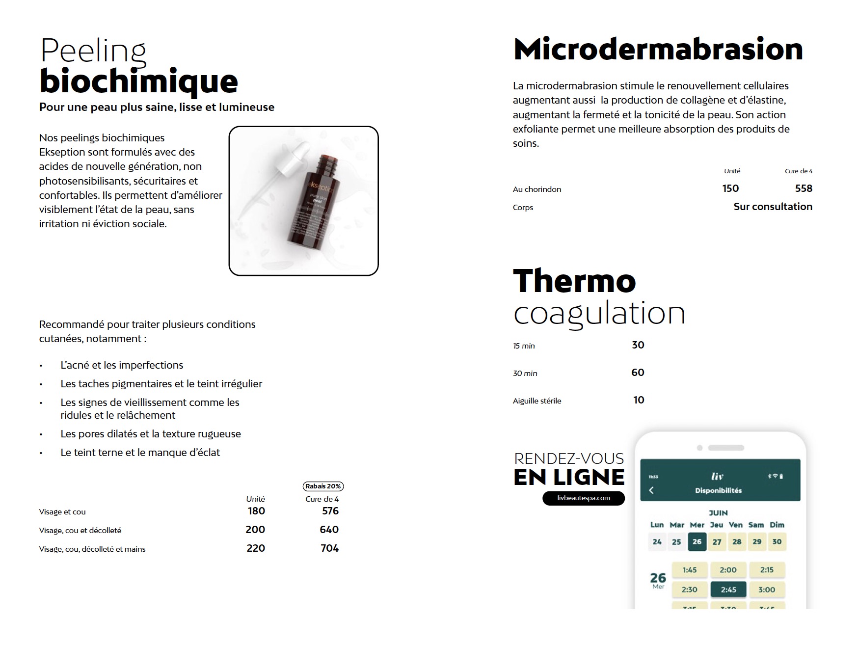 Prix peeling biochimique et microdermabrasion Liv Beauté & Spa