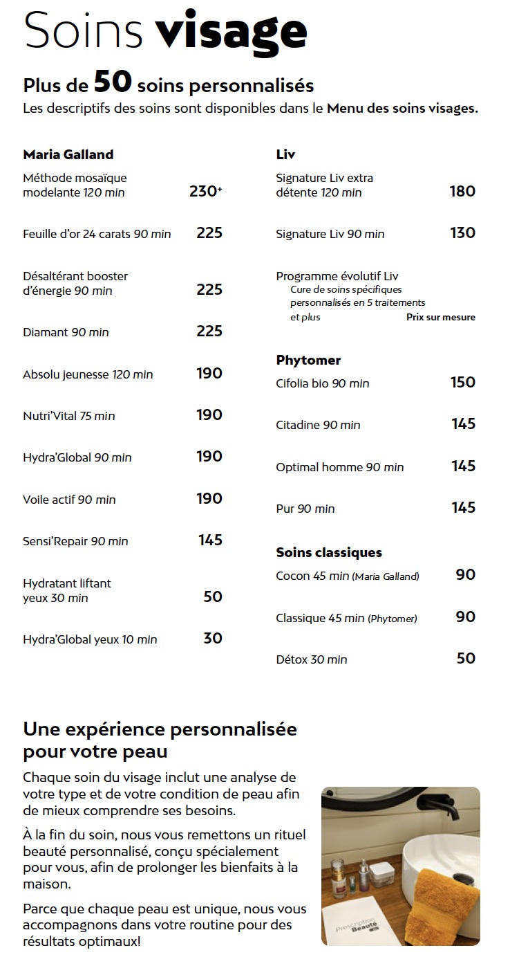 Prix soin visage chez Liv Beauté & Spa