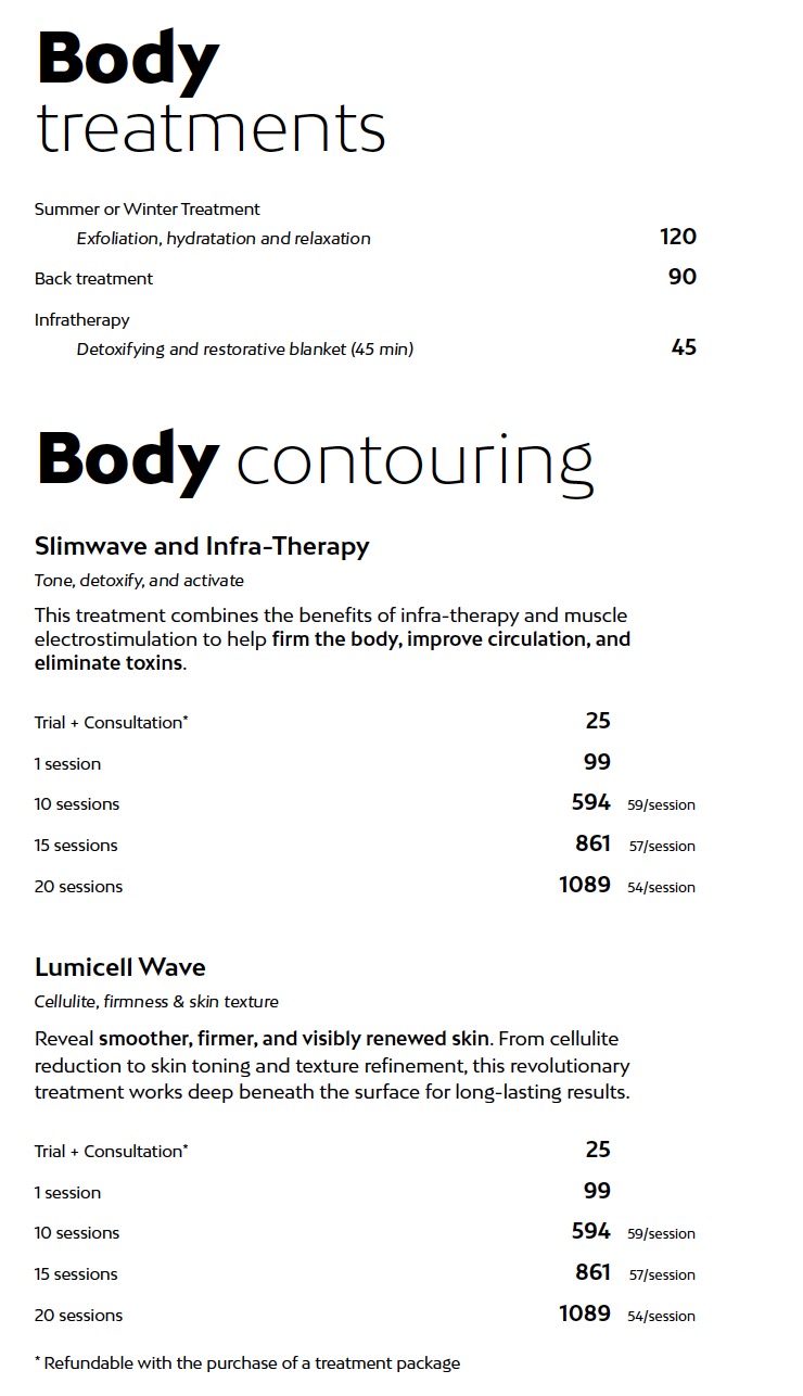 Body Treatment Prices Liv Beauty & Spa