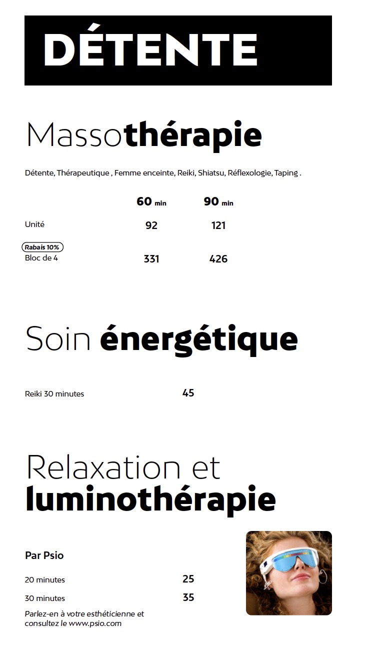 Prix massothérapie Liv Beauté & Spa