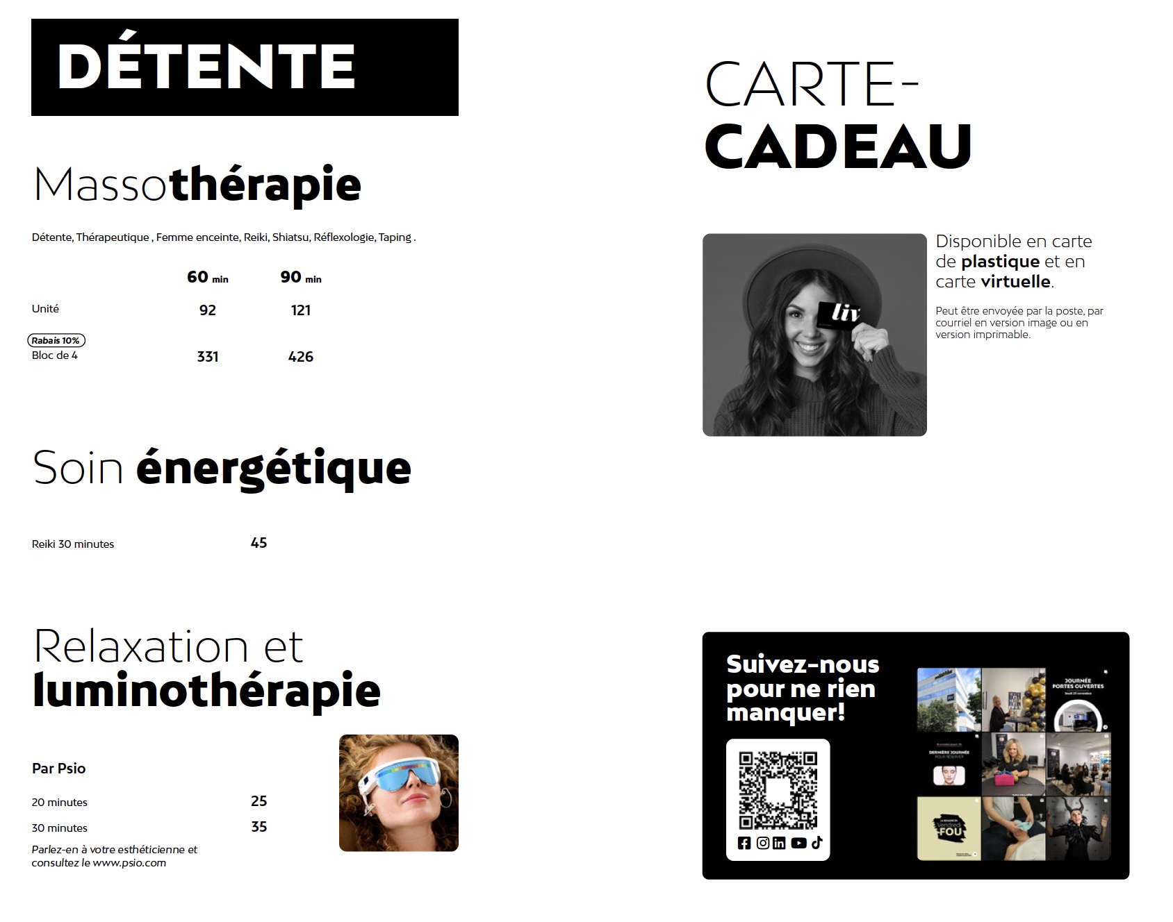 Prix massothérapie Liv Beauté & Spa