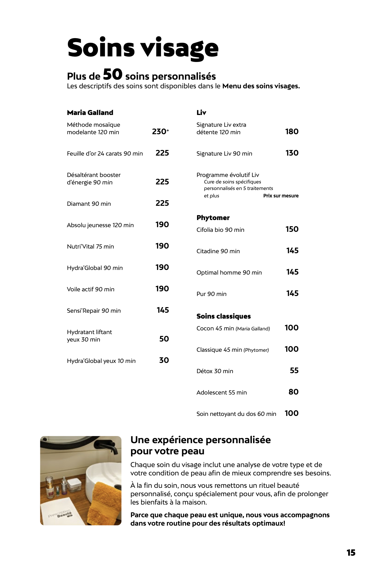 Prix des soins du visage chez Liv Beauté & Spa