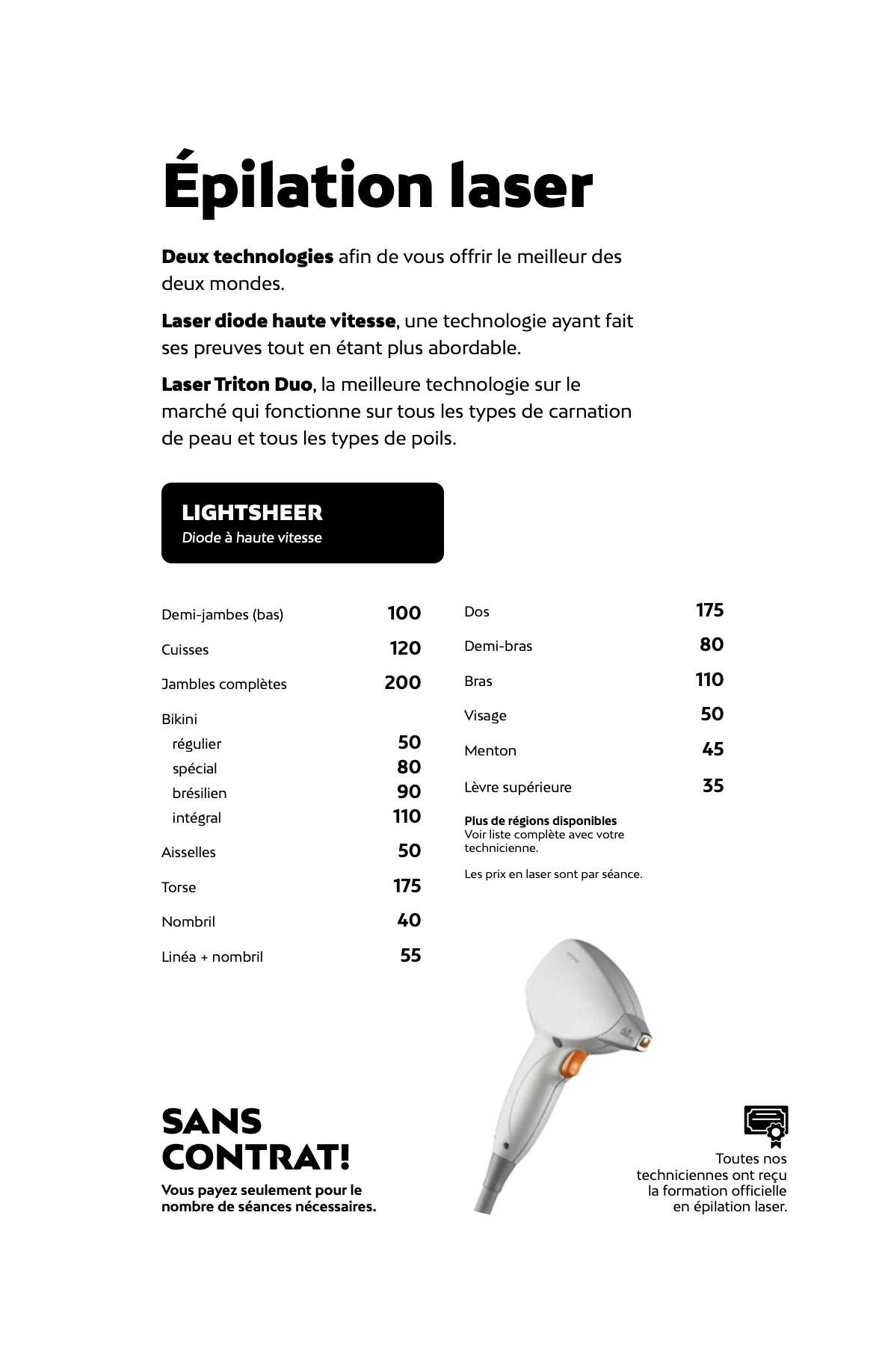 Prix de l'épilation au laser chez Liv Beauté & Spa