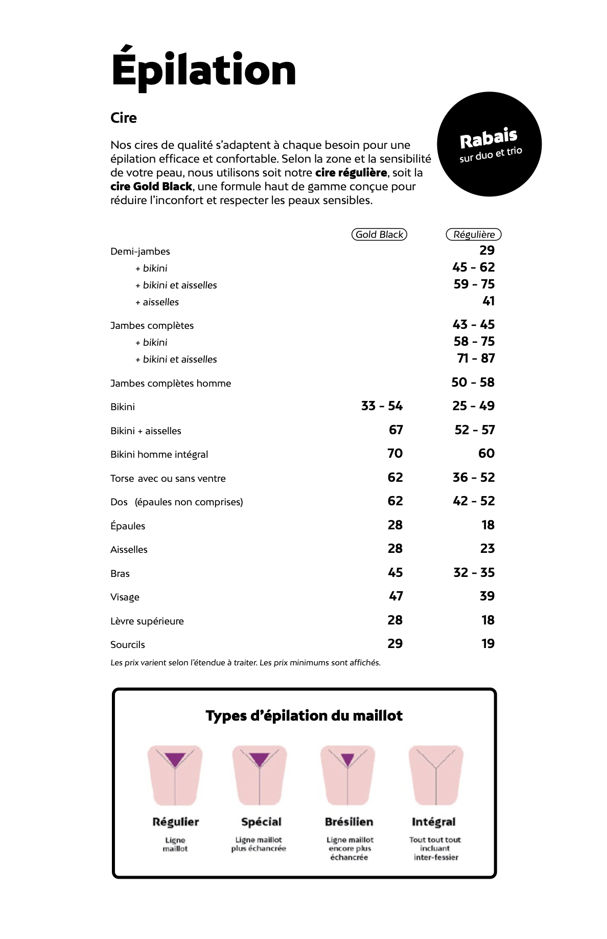 Prix de l'épilation chez Liv Beauté & Spa