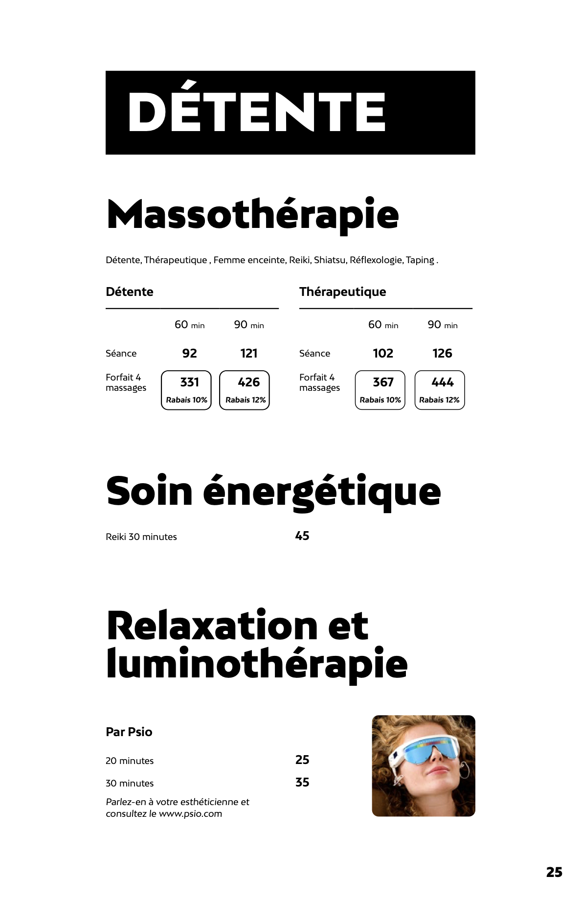 Prix de la massothérapie et des soins détente chez Liv Beauté & Spa