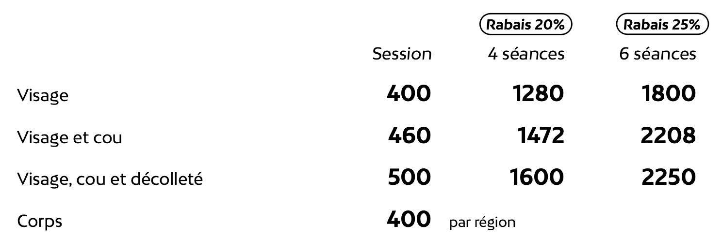 Liste de prix raffermissement de la peau Liv Beauté & Spa